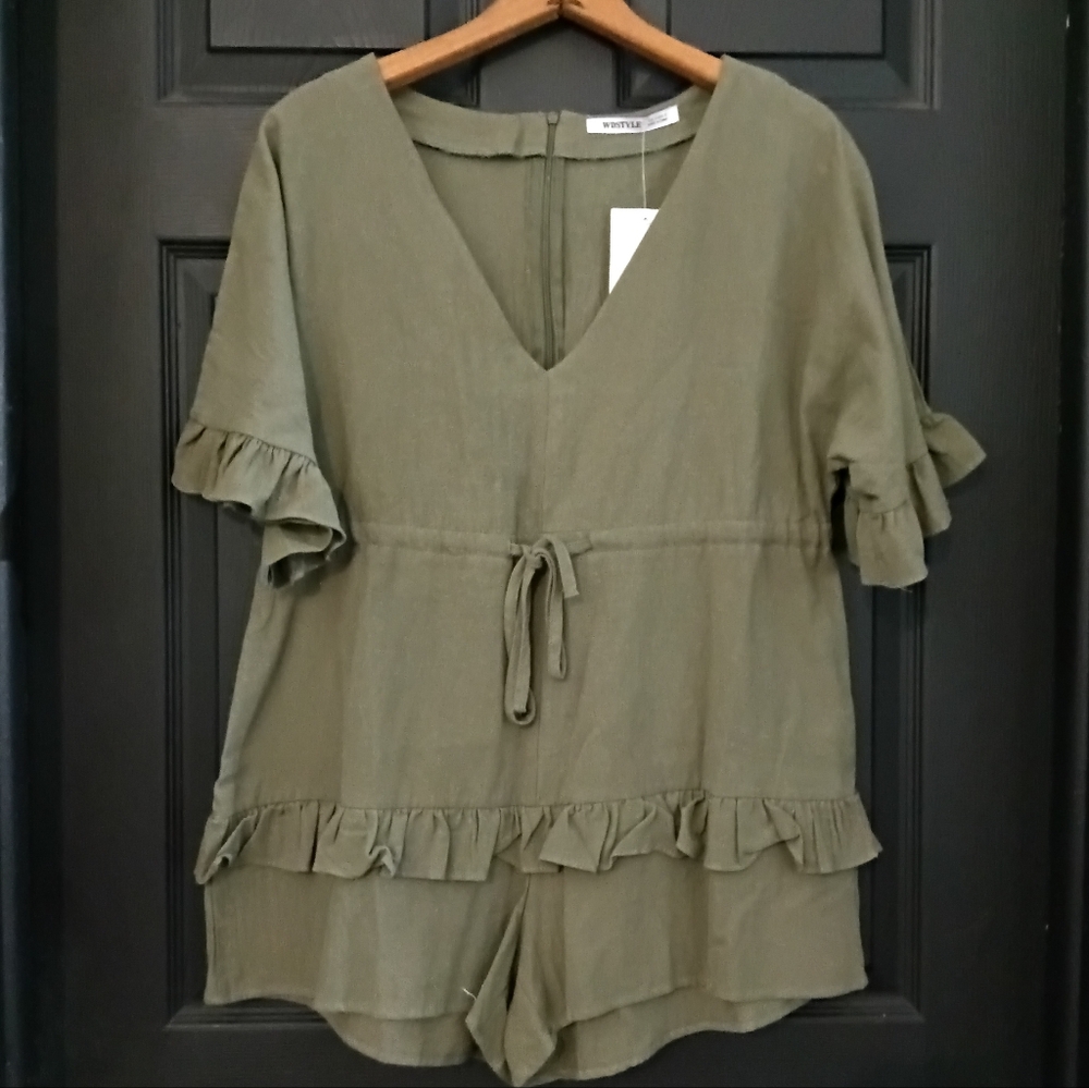 WDSTYLE V-Neck Ruffle Sleeve Layered Drawstring Waist Romper - Picture 3 of 14
